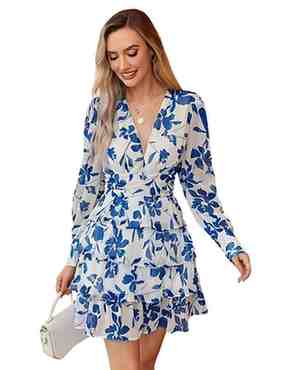 Leriya Fashion Women’s V-Neck Floral Print Ruffle Long Sleeve A-Line Mini Dress